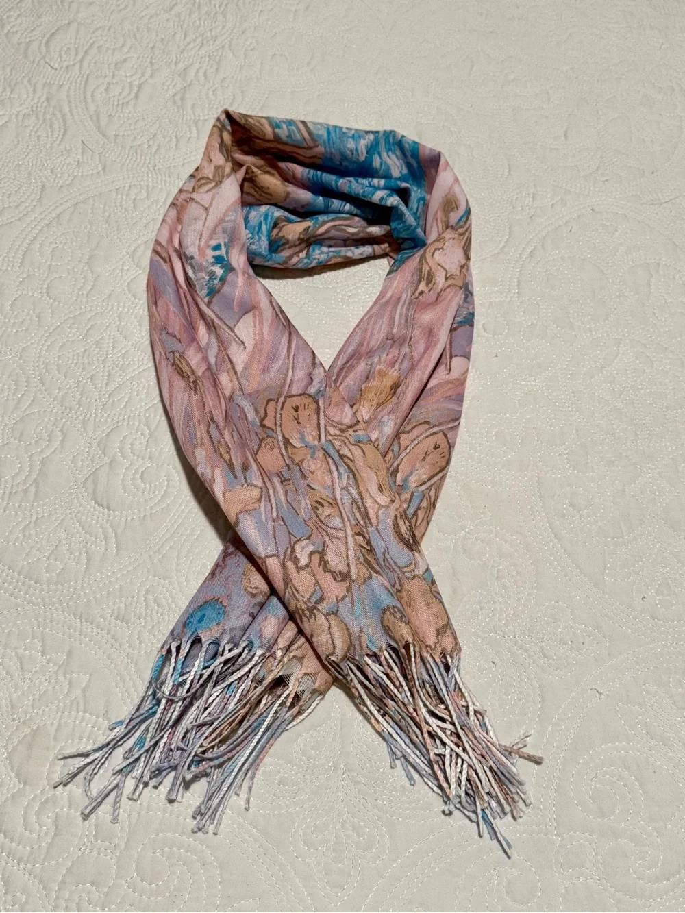 Pastel‎ Floral Fashion Linen-blend Scarf - Pink & Blue, handmade in India